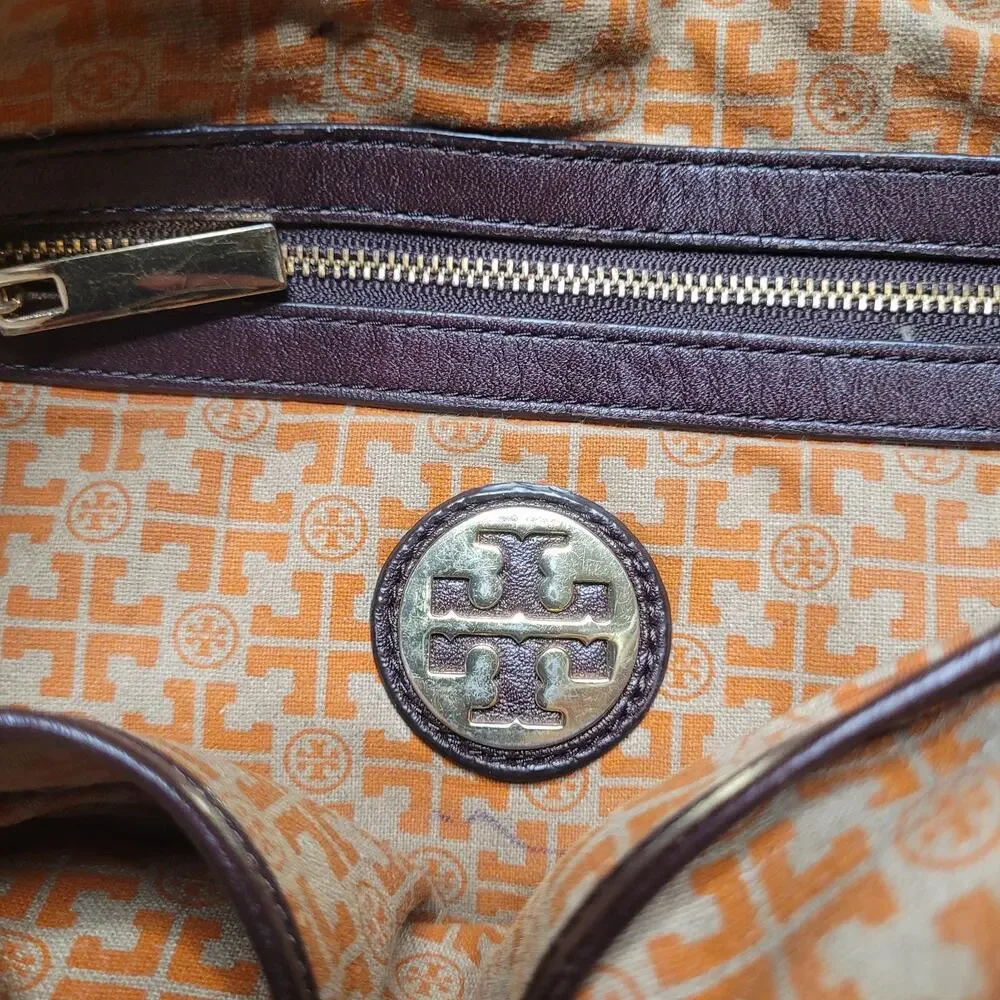 Tory Burch Tote Bag Large Brown Leather Pebbled Top Handle Logo Zip Purse